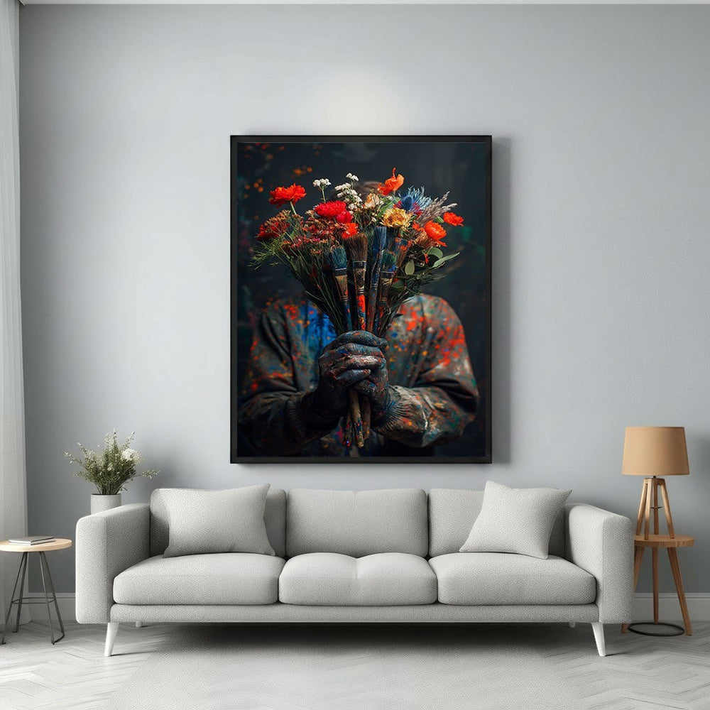 Wadi Home Artist's Bouquet wall art featuring a person in paint-splattered clothes holding a vibrant bouquet of flowers and paintbrushes.