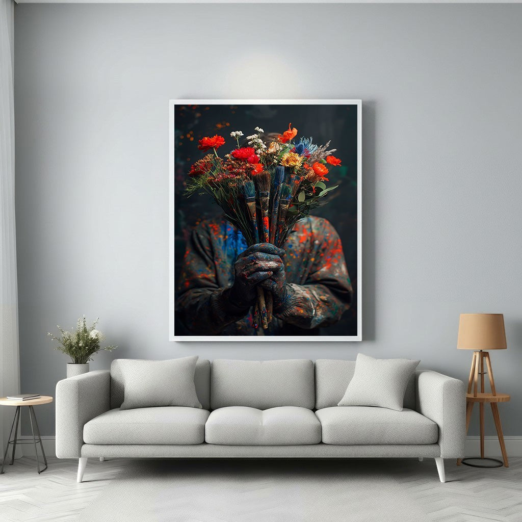 Wadi Home Artist's Bouquet wall art featuring a person in paint-splattered clothes holding a vibrant bouquet of flowers and paintbrushes.