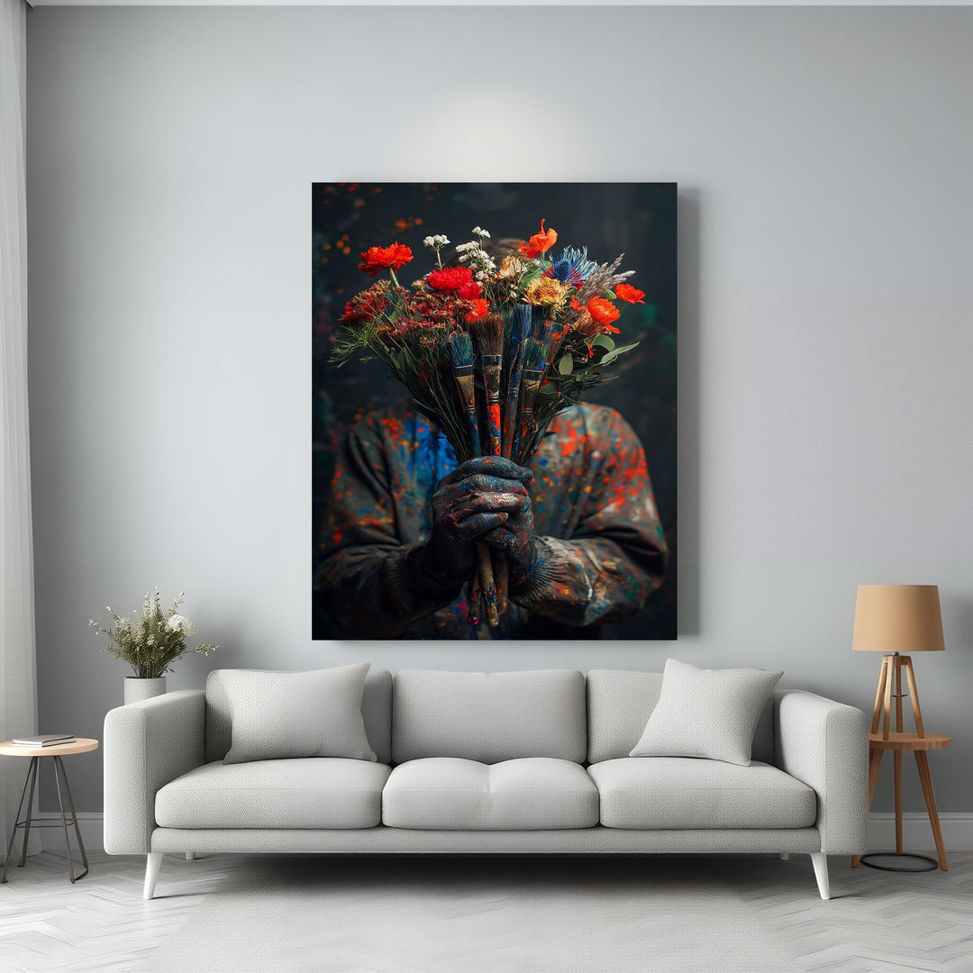 Wadi Home Artist's Bouquet wall art featuring a paint-splattered artist holding vibrant flowers and brushes.