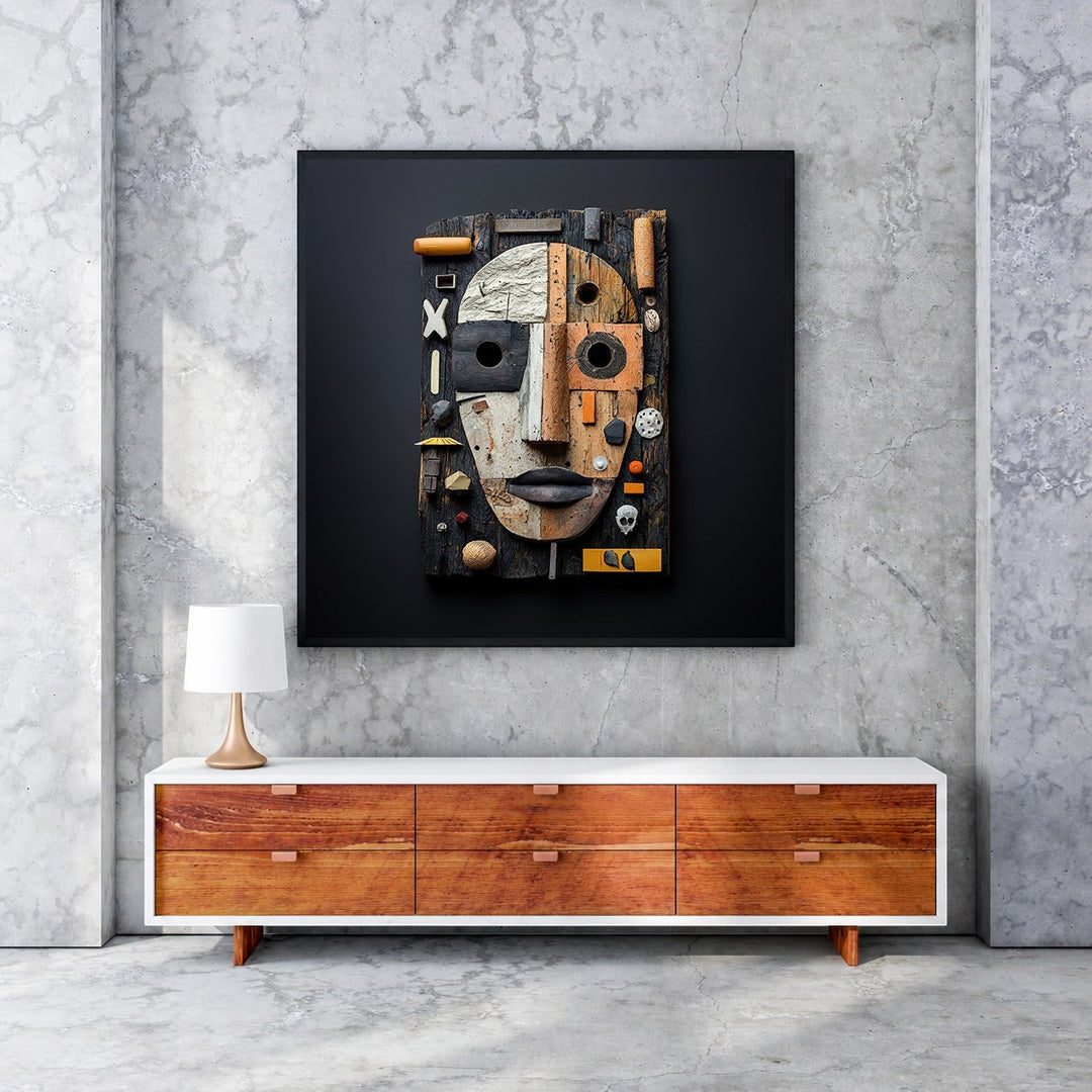 Wadi Home Assemblage Face Wall Art, mixed media sculpture with reclaimed wood, metal, and found objects in neutral tones with rust and ochre accents.