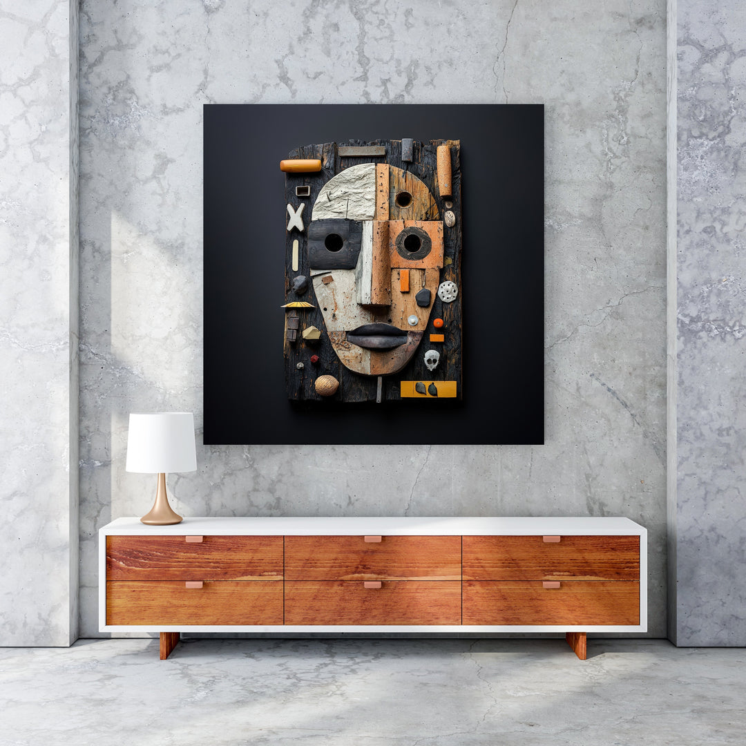 Wadi Home Assemblage Face Wall Art, mixed media sculpture with reclaimed wood, metal, and found objects in neutral tones with rust and ochre accents.