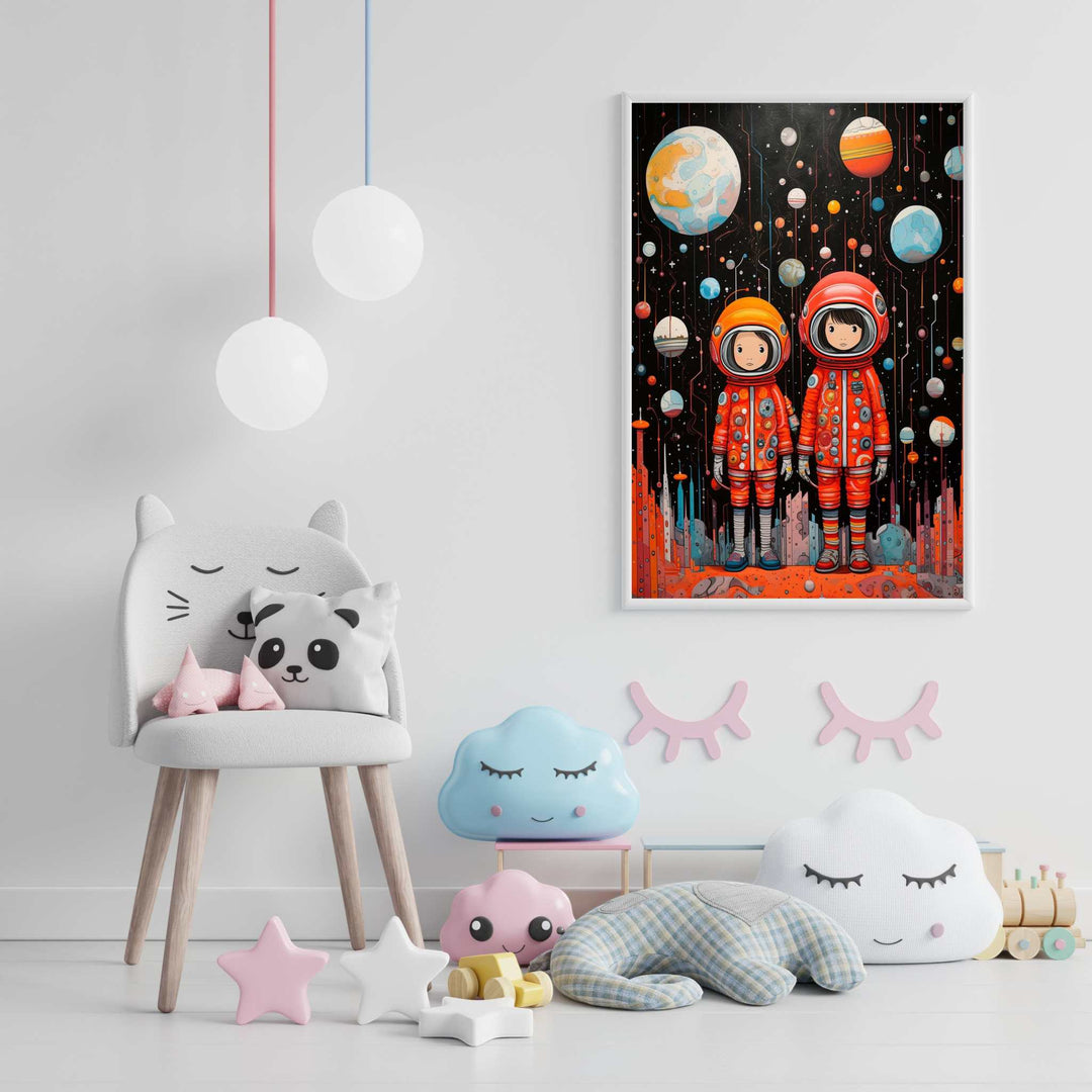 Wadi Home framed art print of two cartoon astronauts in orange suits exploring a galaxy with planets and stars.