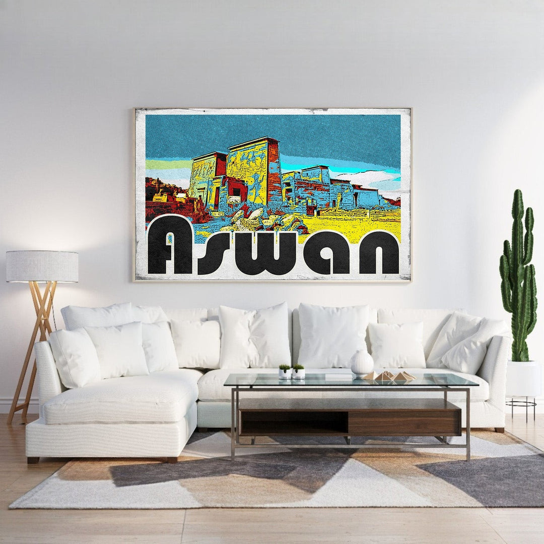 Wadi Home Aswan vintage postcard wall art featuring Egyptian architecture and bold lettering. Vibrant colours and retro style.