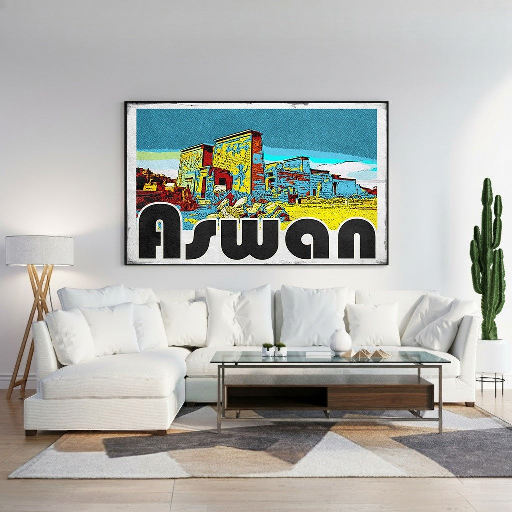 Wadi Home Aswan vintage postcard wall art featuring Egyptian architecture and bold lettering. Vibrant colors and retro flair.
