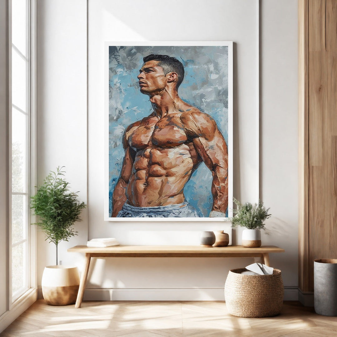 Wadi Home athletic figure portrait wall art, muscular physique in expressive brushstrokes, vibrant colors, textured finish.