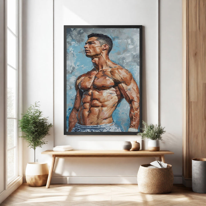 Wadi Home athletic figure portrait wall art, muscular physique, bold brushstrokes, textured finish, vibrant colors.