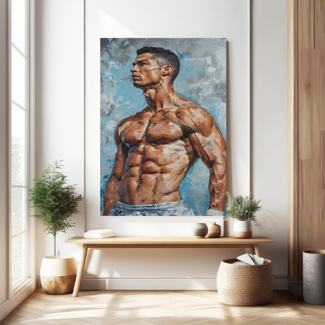 Wadi Home athletic figure portrait wall art, muscular physique in expressive brushstrokes, blue and brown tones.