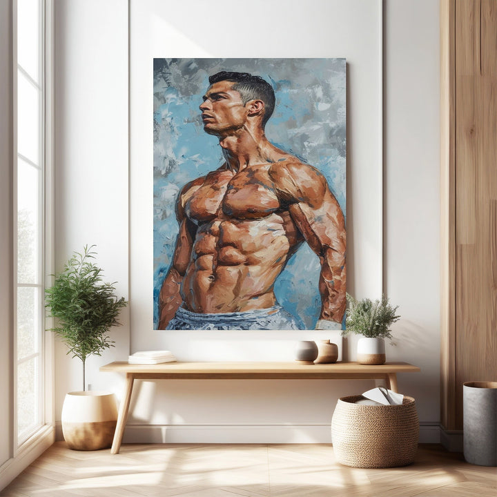 Wadi Home athletic figure portrait wall art, muscular physique in expressive brushstrokes, blue and brown tones.
