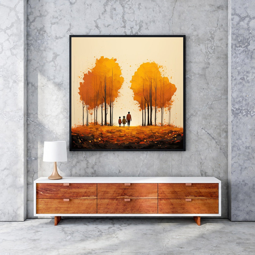 Wadi Home autumn trees wall art with family silhouette walking through golden foliage. Textured brushstrokes create a warm, inviting scene.