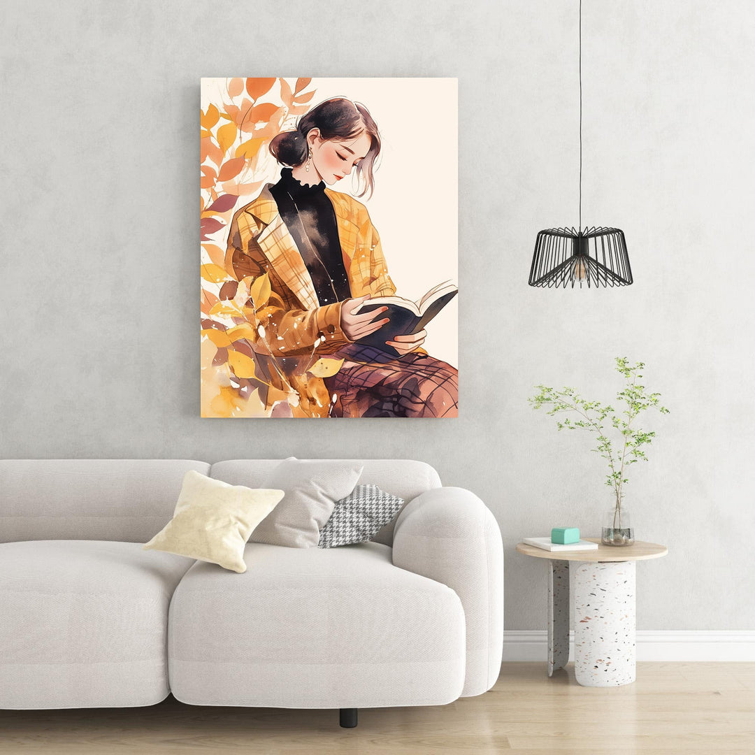 Wadi Home watercolor art of a woman in a plaid jacket reading a book, surrounded by autumn leaves.