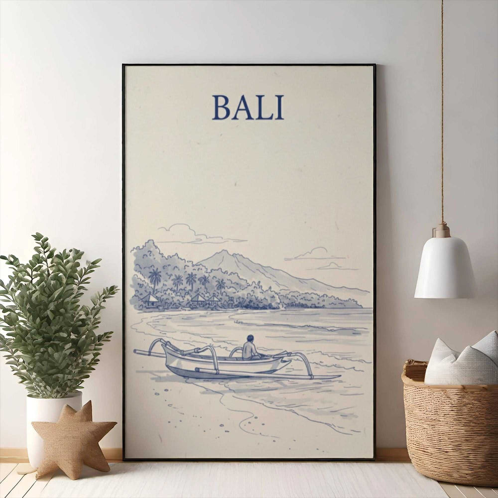 Wadi Home Bali beach scene artwork with blue and cream minimalist design, featuring a boat on shore and tropical mountains.