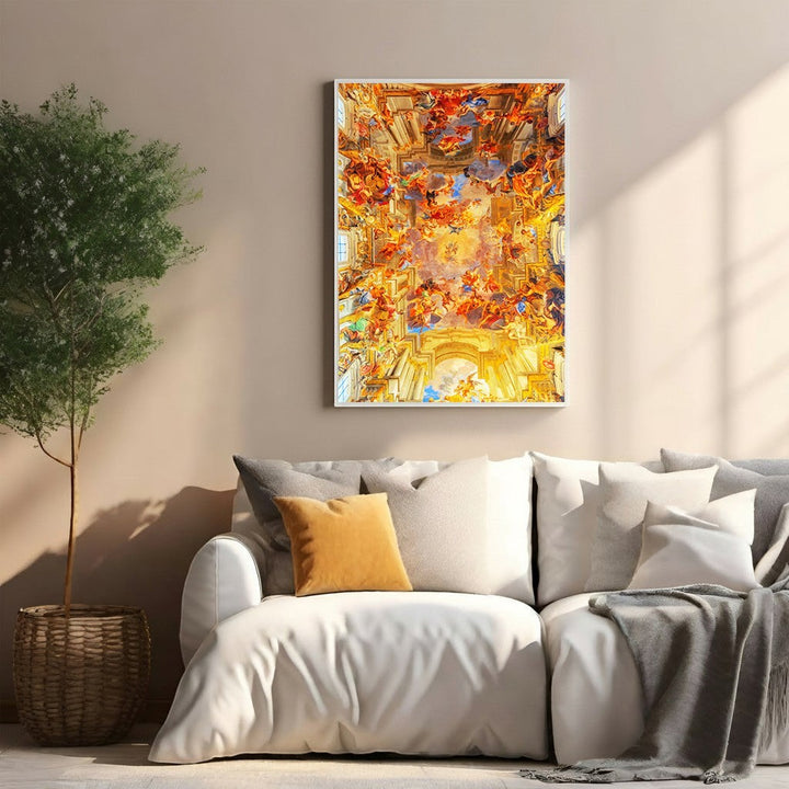 Wadi Home Baroque Ceiling Fresco Wall Art featuring vibrant celestial figures and architectural details, printed on high-quality material.