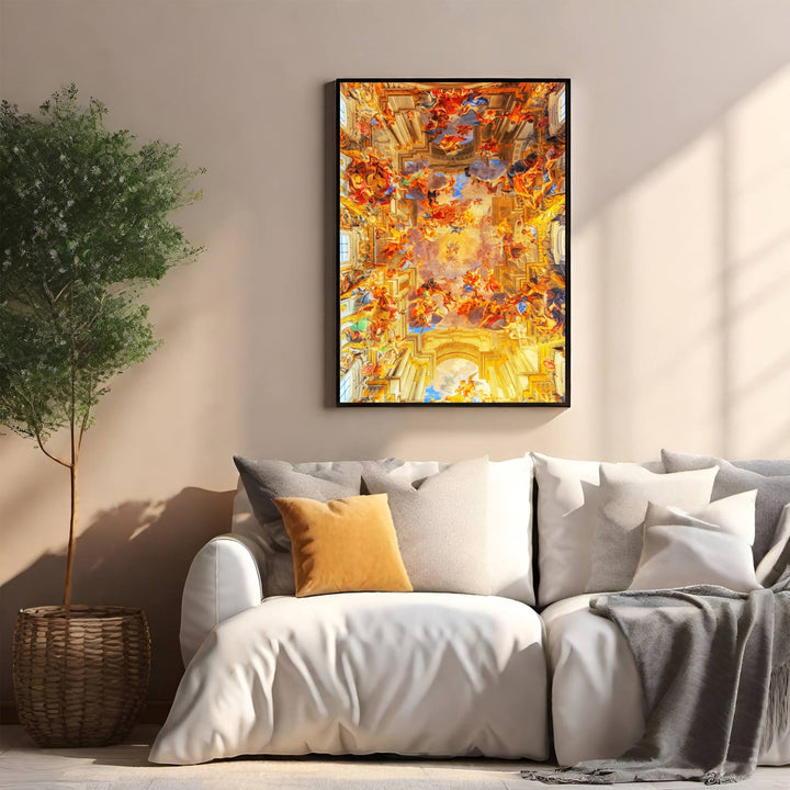 Wadi Home Baroque Ceiling Fresco Wall Art featuring vibrant celestial figures and architectural details in a grand European style.