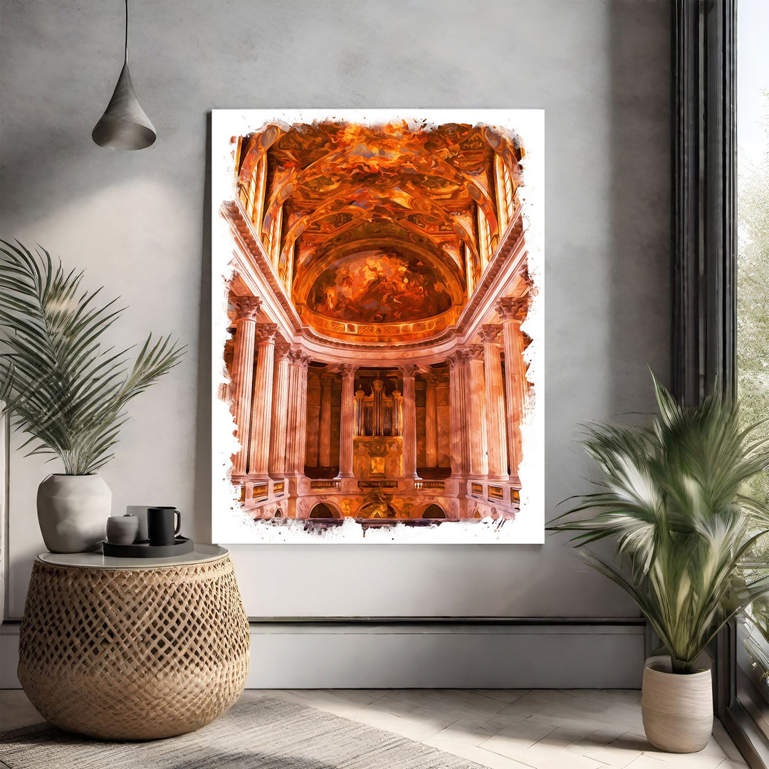 Wadi Home Baroque church interior artwork with ornate ceiling, columns, and organ. Warm, rich color palette.