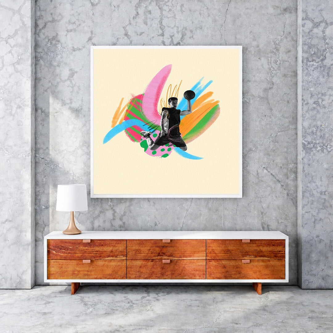 Wadi Home dynamic basketball player artwork with abstract brushstrokes in pink, blue, green, and orange.