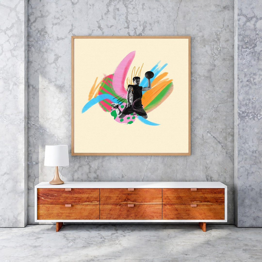 Wadi Home dynamic basketball player artwork with abstract brushstrokes in pink, blue, green, and orange.