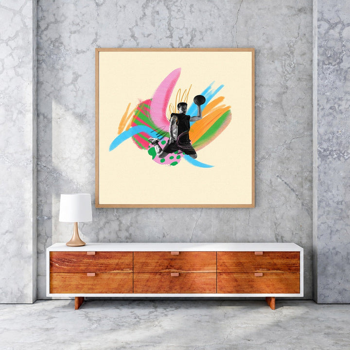 Wadi Home dynamic basketball player artwork with abstract brushstrokes in pink, blue, green, and orange.
