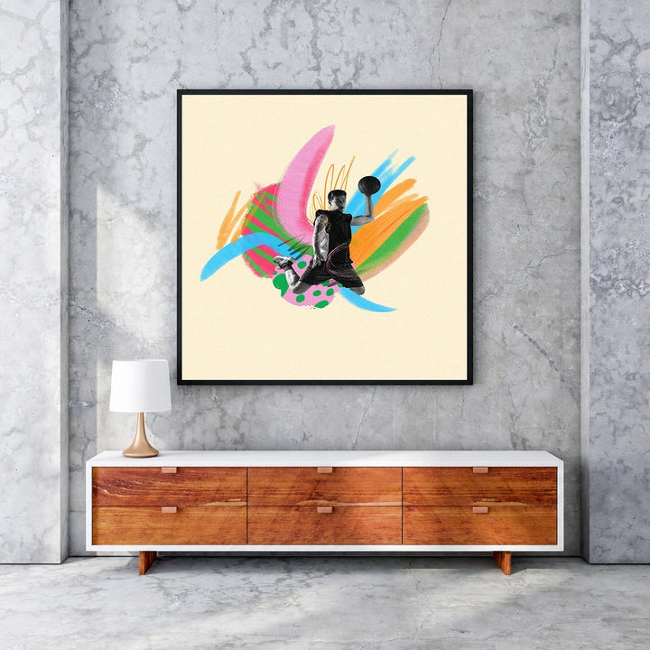 Wadi Home dynamic basketball player artwork with vibrant abstract brushstrokes in pink, blue, green, and orange.