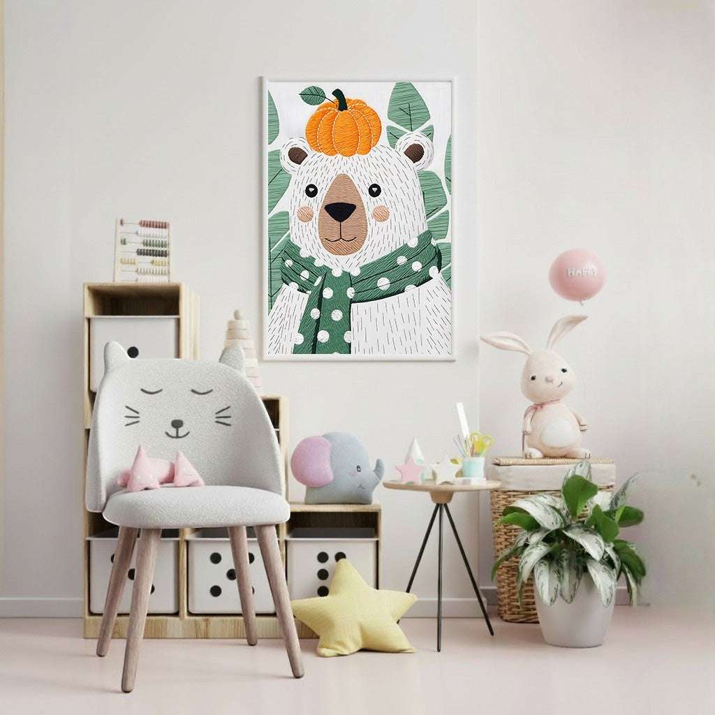 Wadi Home cute white bear with pumpkin hat and green scarf wall art, autumn decor for kids room.