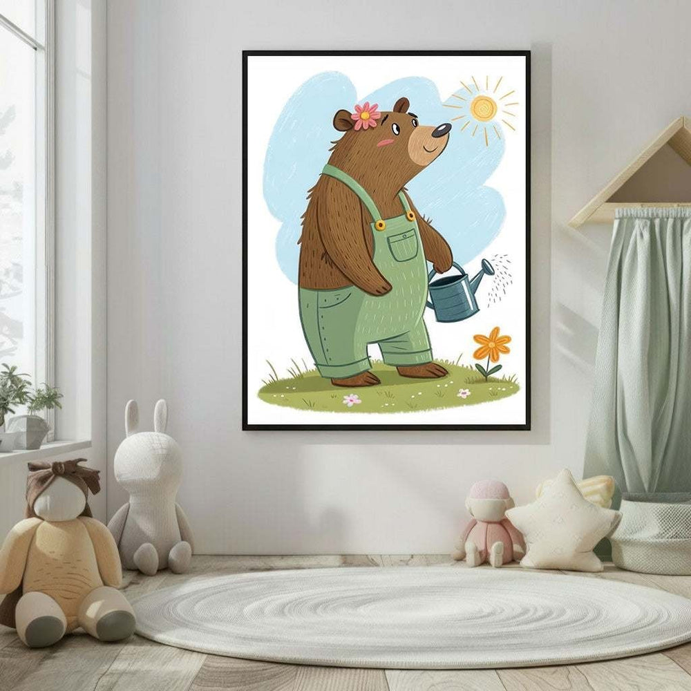 Wadi Home framed nursery art of a brown bear in green overalls watering a flower under a sunny sky.