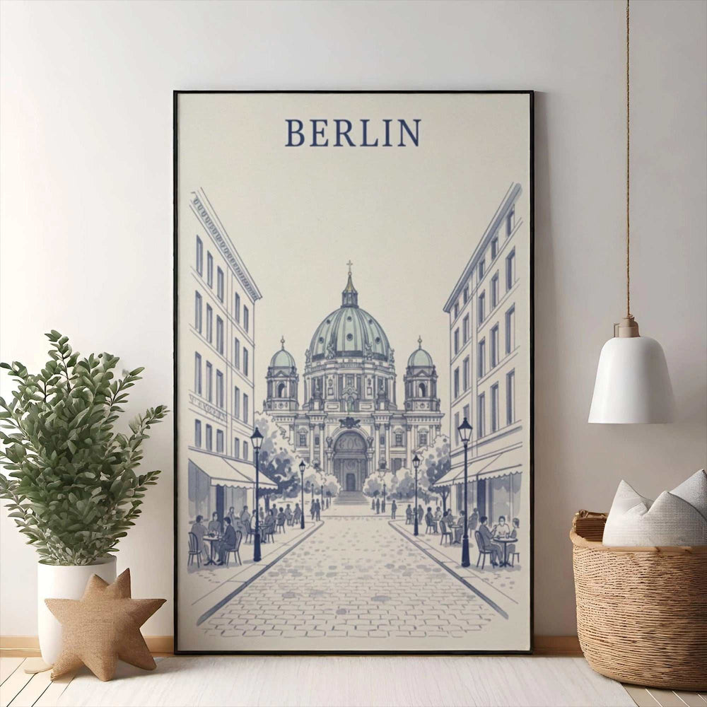 Wadi Home Berlin Cathedral street scene art print, blue and white sketch of European architecture and cafes.