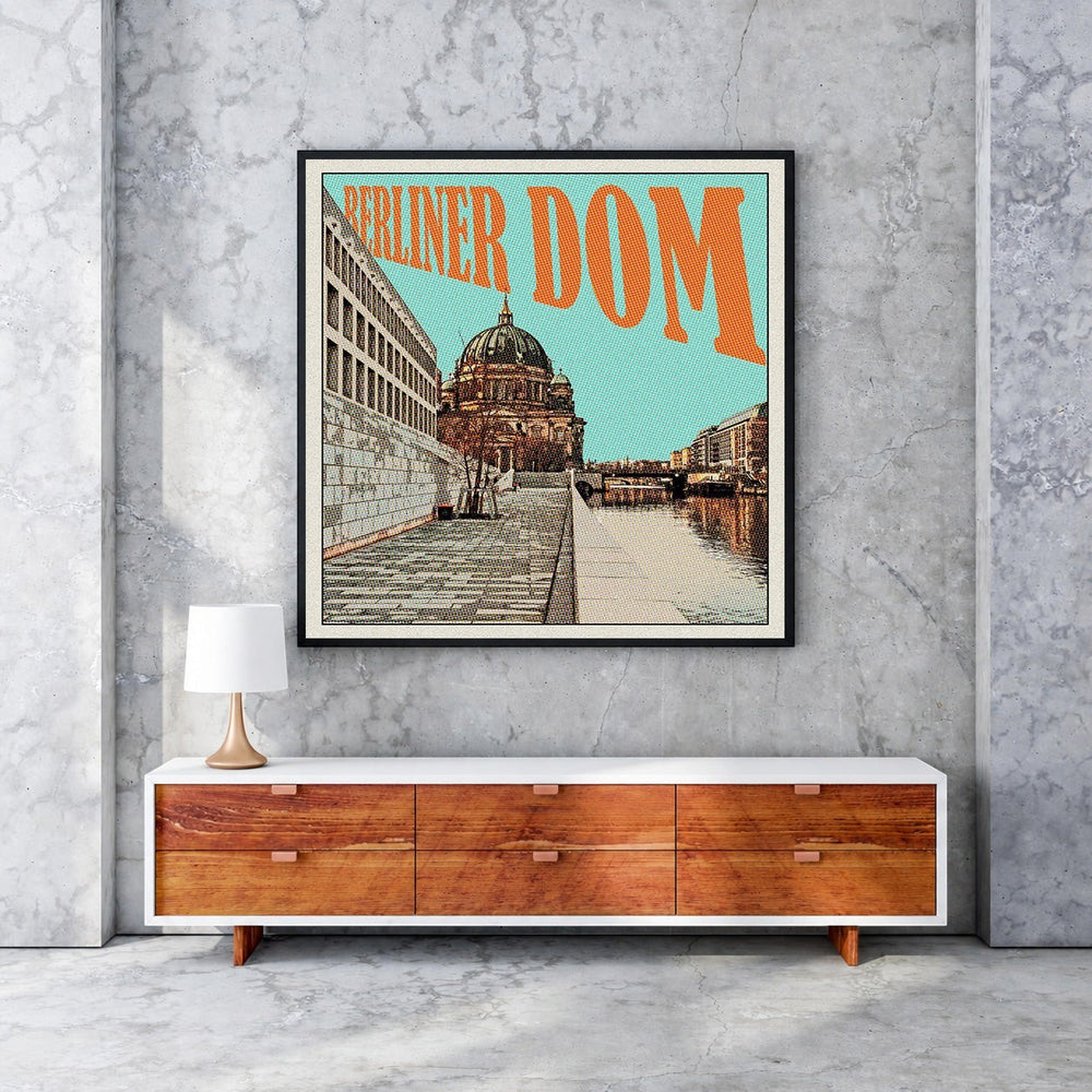Wadi Home Berliner Dom Pop Art Print featuring a graphic interpretation of the cathedral with bold colors and dot pattern.