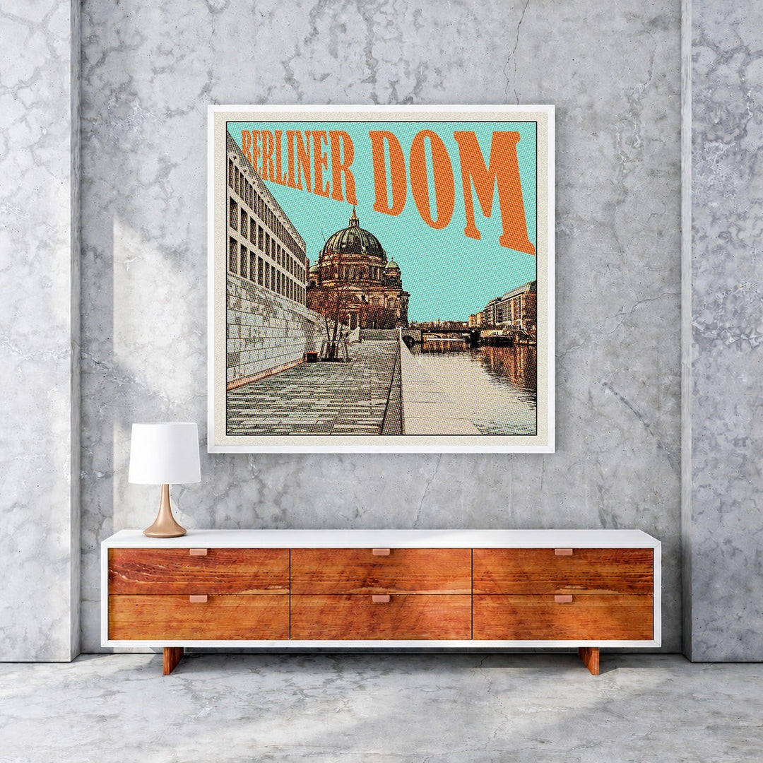 Wadi Home Berliner Dom Pop Art Print featuring a graphic interpretation of the cathedral with orange text and a teal background.