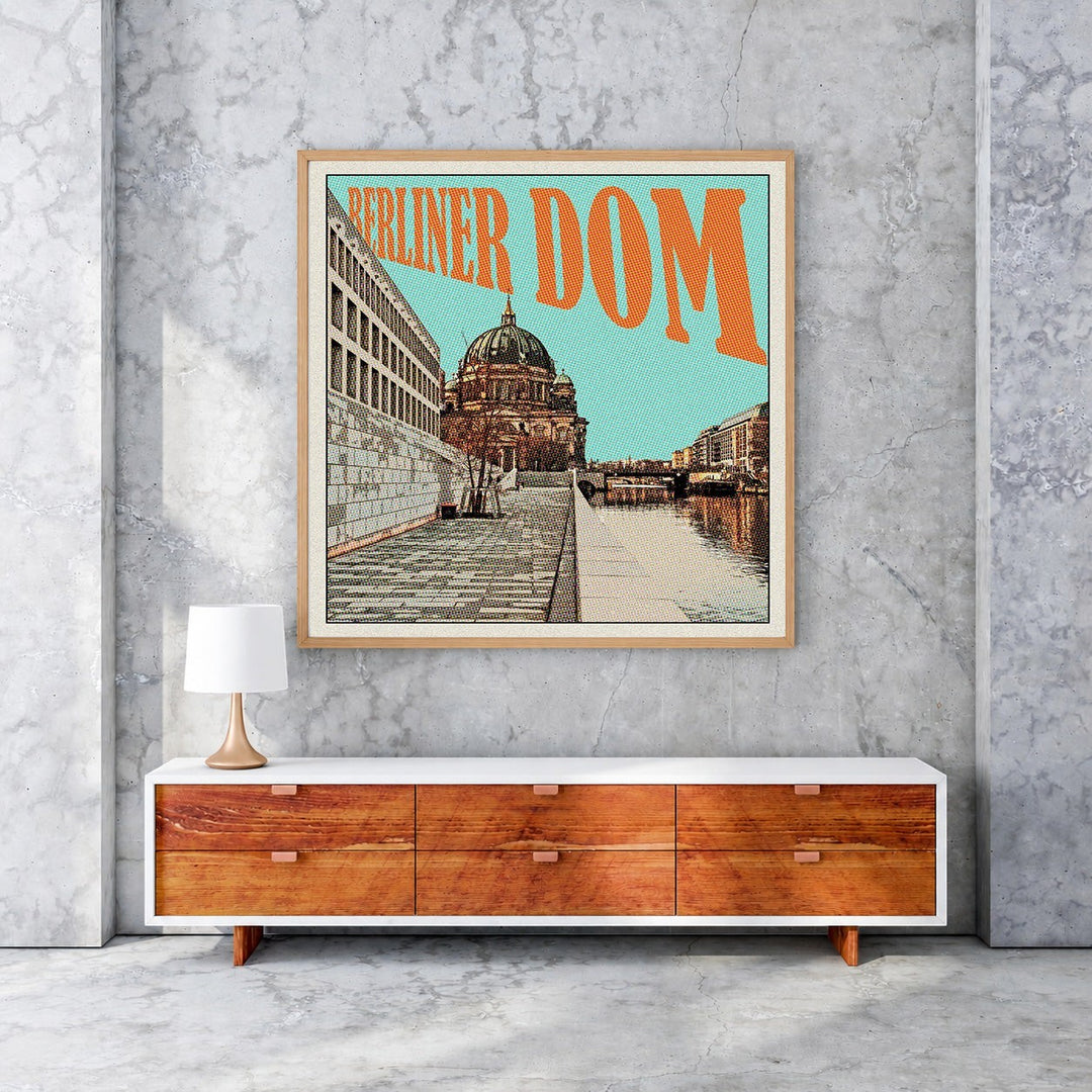 Wadi Home Berliner Dom Pop Art Print featuring a graphic interpretation of the cathedral with orange text and a blue background.