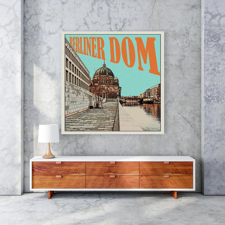Wadi Home Berliner Dom Pop Art Print featuring a bold, graphic interpretation of Berlin's cathedral with orange text and a dot pattern.