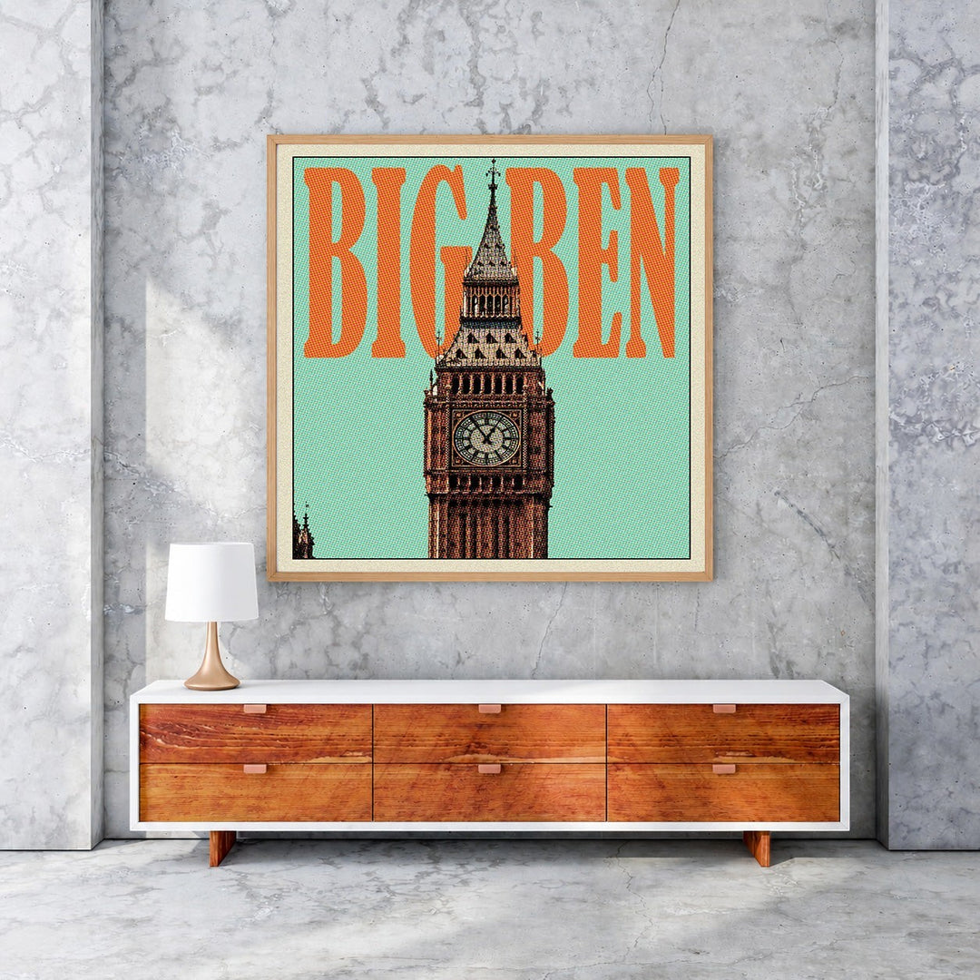 Wadi Home Big Ben landmark artwork with orange text on a teal background, framed in light wood.