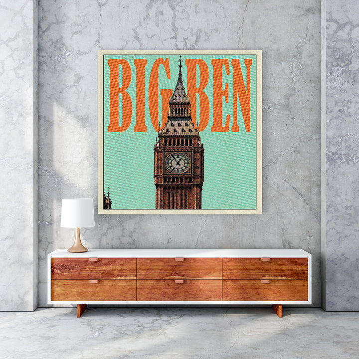 Wadi Home Big Ben landmark artwork with teal background and orange text. Modern graphic art.