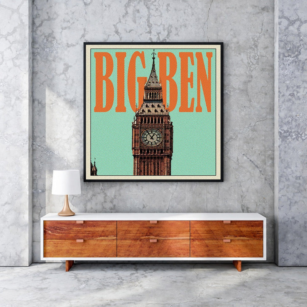 Wadi Home Big Ben landmark artwork with teal background and orange text. Graphic style, iconic clock tower.