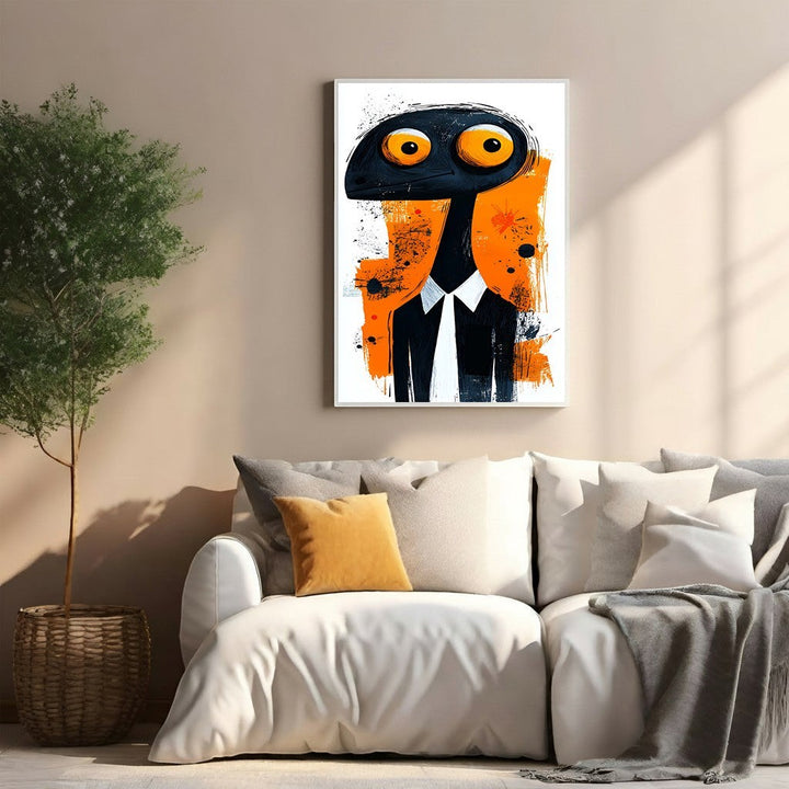 Wadi Home whimsical creature in suit wall art, black creature with orange eyes in a suit on abstract orange and black background.