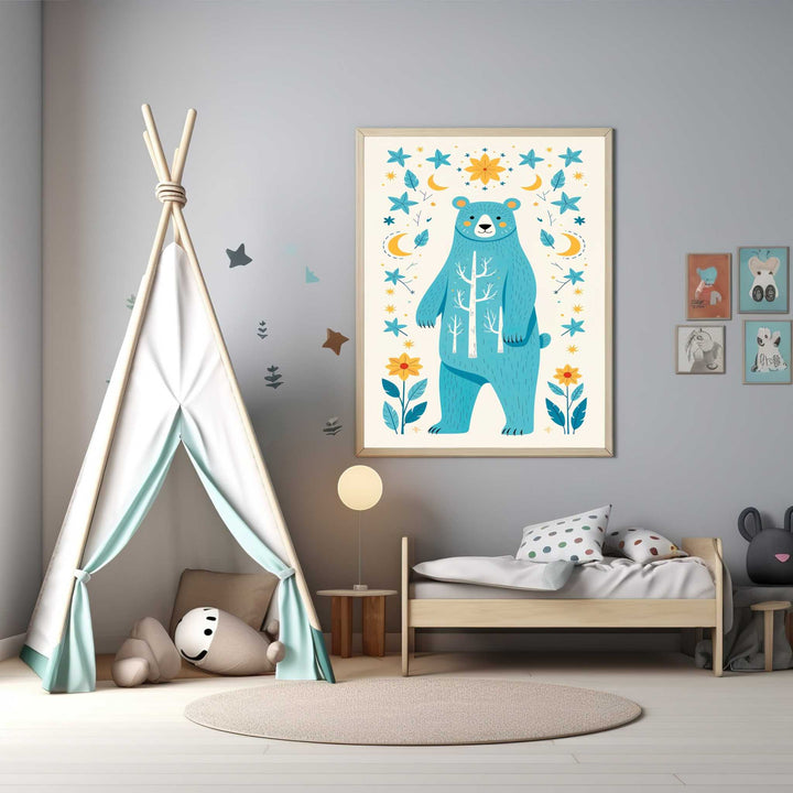 Wadi Home whimsical blue bear and floral nursery art with stars and moons, folk-art style.