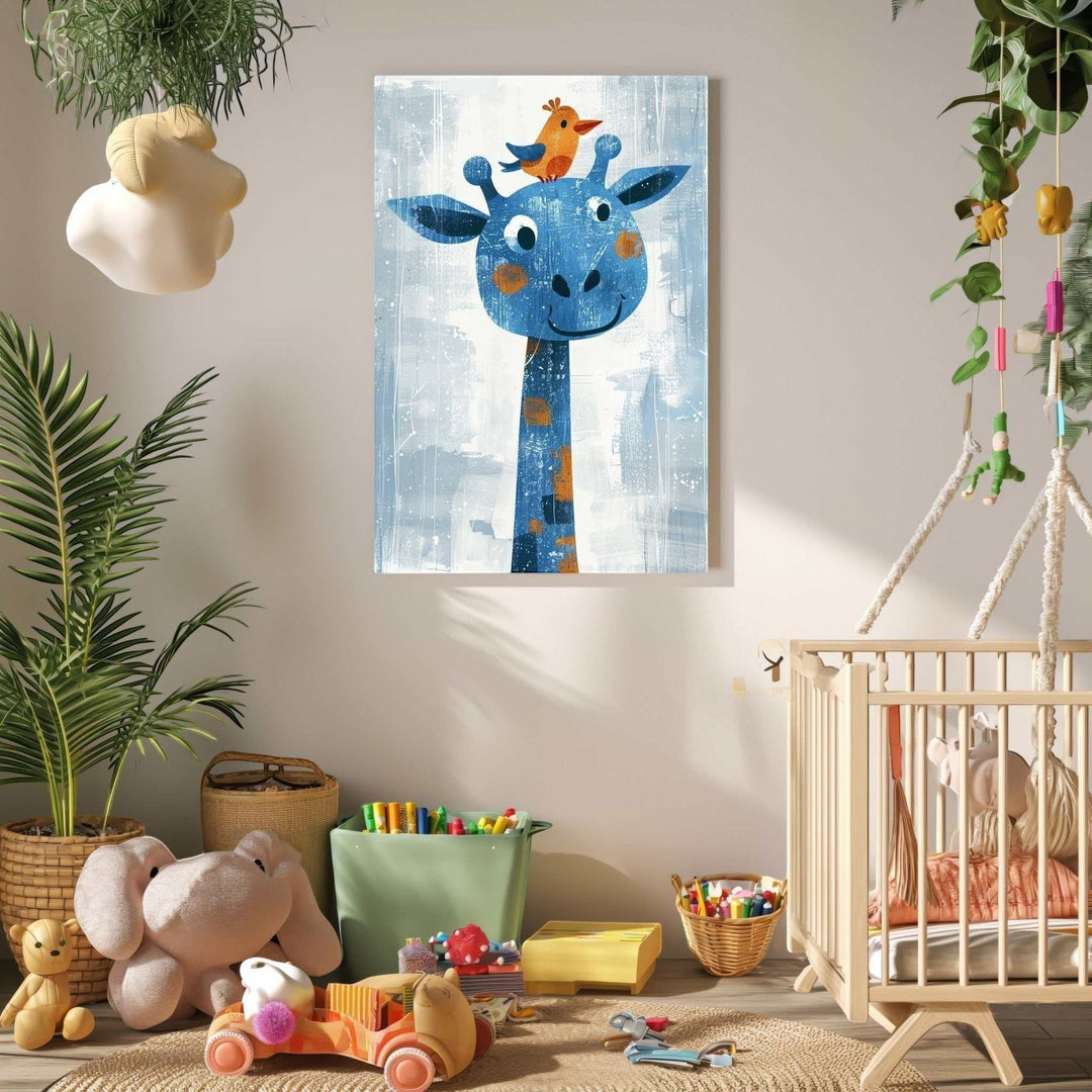 Wadi Home blue giraffe with orange bird nursery art. Textured abstract background in soft blues and grays.