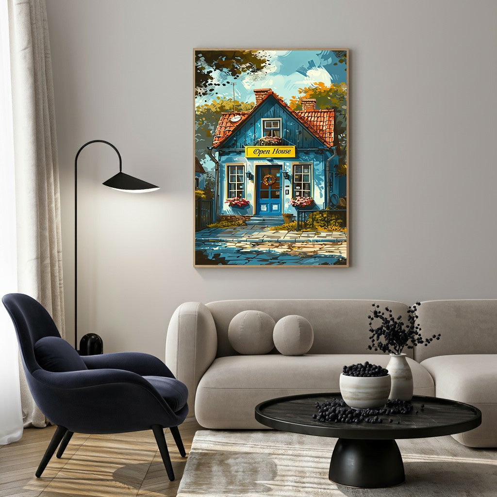 Wadi Home charming blue house art print with red roof and floral accents, featuring an