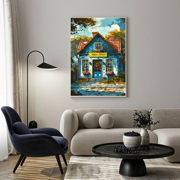 Wadi Home charming blue house open house art print with red roof and floral accents, painterly style.