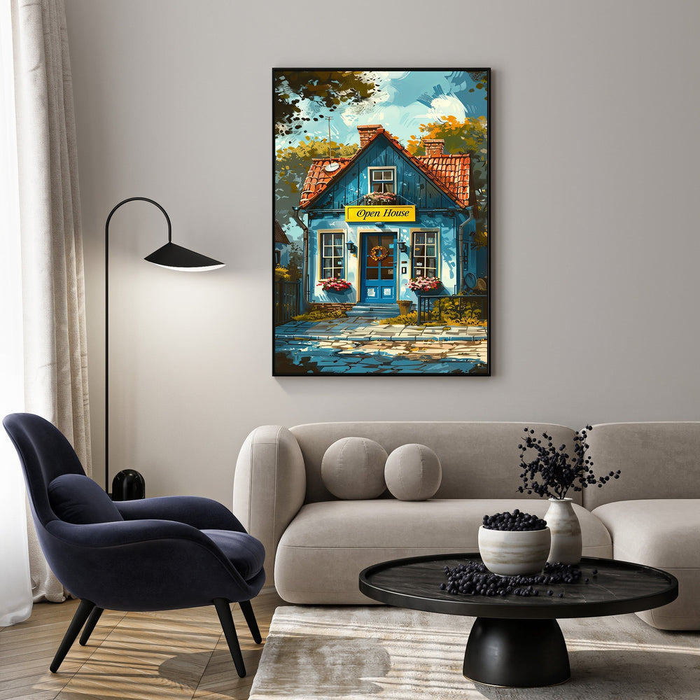 Wadi Home charming blue house open house art print with red roof and floral accents, painterly style.