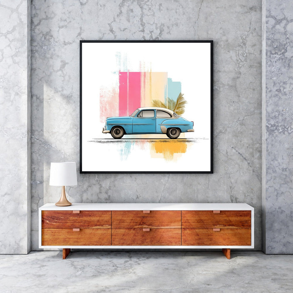Wadi Home blue vintage car with tropical leaves and abstract colorful strokes wall art.