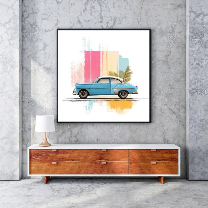 Wadi Home blue vintage car with tropical leaves and abstract colorful strokes wall art.