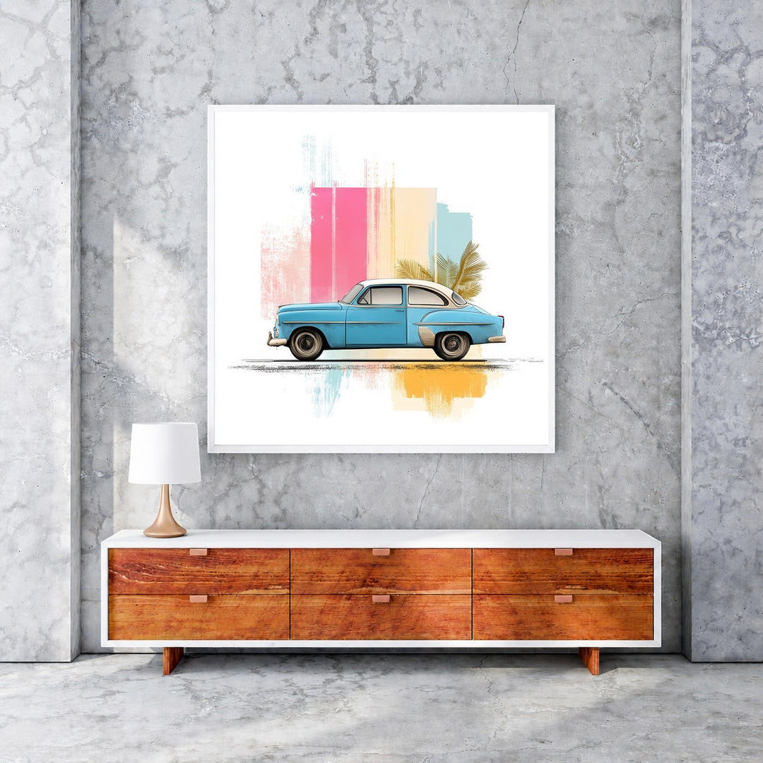 Wadi Home blue vintage car with tropical leaves and abstract colorful strokes wall art.