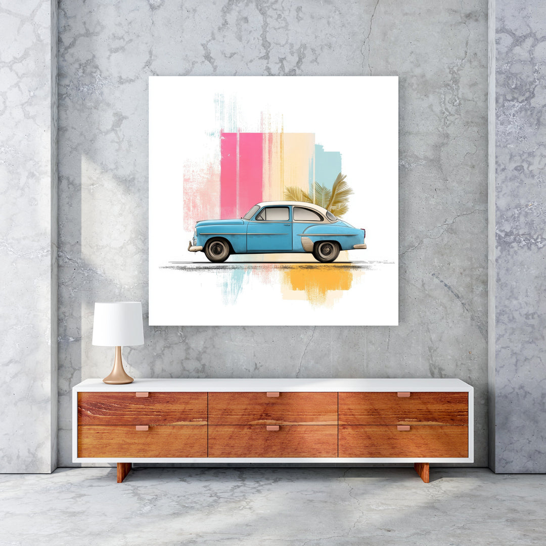 Wadi Home blue vintage car with tropical leaves and abstract colorful strokes wall art.