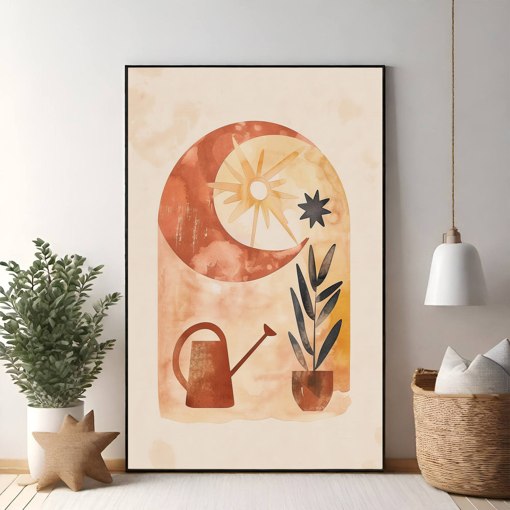 Wadi Home bohemian archway art print with terracotta, rust, cream sun, moon, watering can, and potted plant. Watercolor texture.