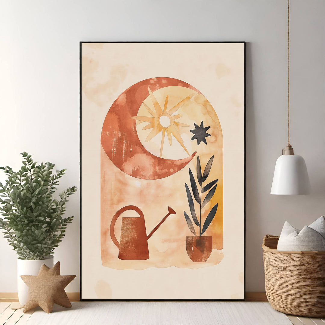 Wadi Home bohemian archway art print with terracotta, rust, cream sun, moon, watering can, and potted plant. Watercolor texture.