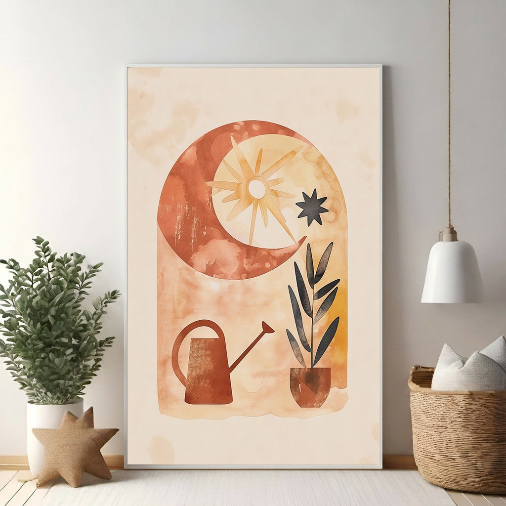 Wadi Home bohemian archway art print with sun, moon, watering can, and potted plant in terracotta, rust, and cream.