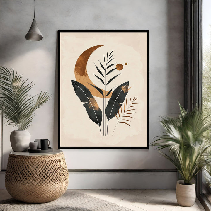 Wadi Home Bohemian Botanical Moon Wall Art with crescent moon, dark green and brown botanical illustrations on neutral background.