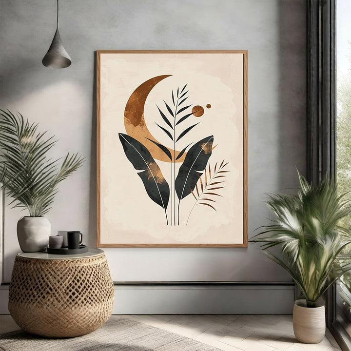 Wadi Home Bohemian Botanical Moon Wall Art featuring a crescent moon with botanical illustrations in green and brown on a neutral background.