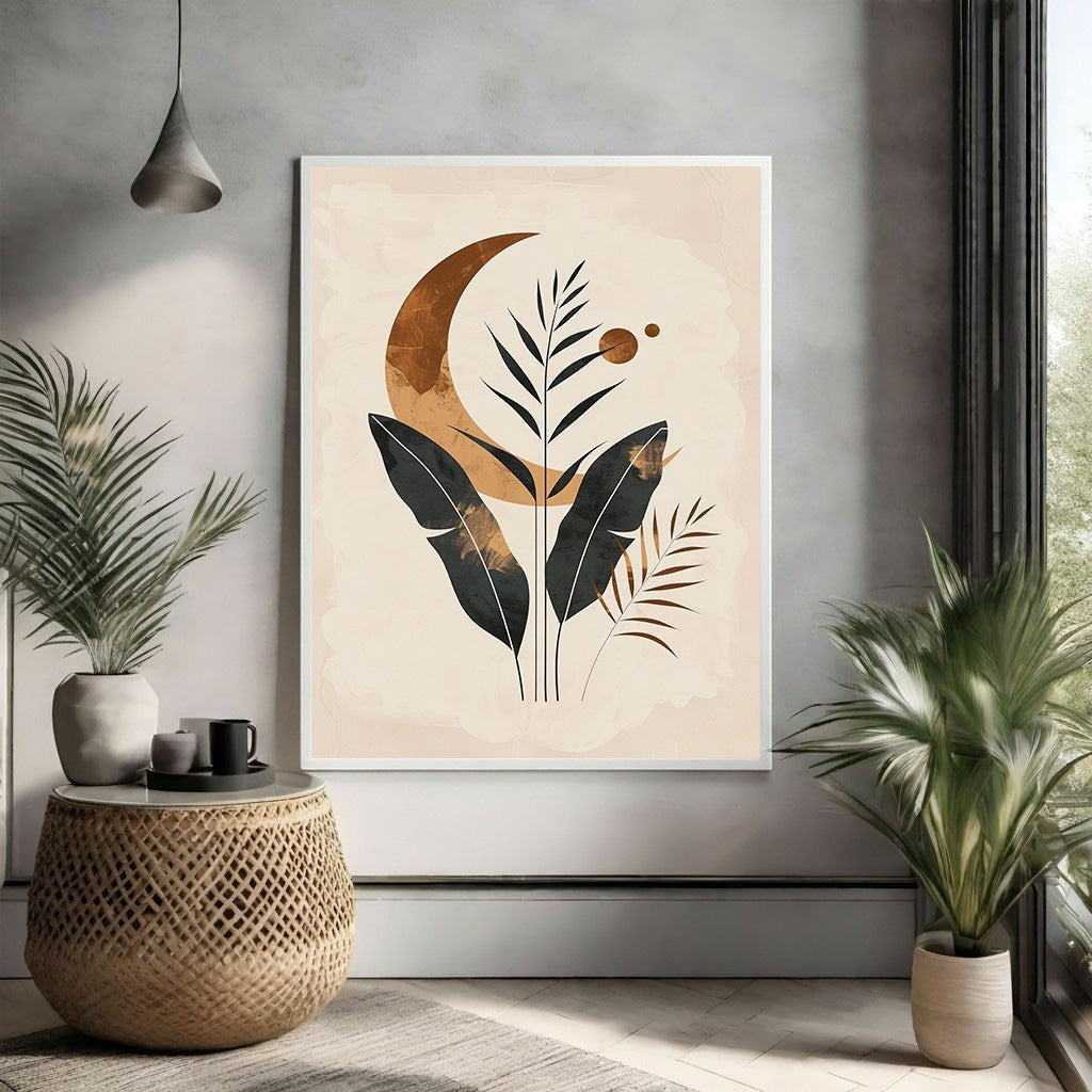 Wadi Home Bohemian Botanical Moon Wall Art with crescent moon and green & brown botanical illustrations on neutral background.