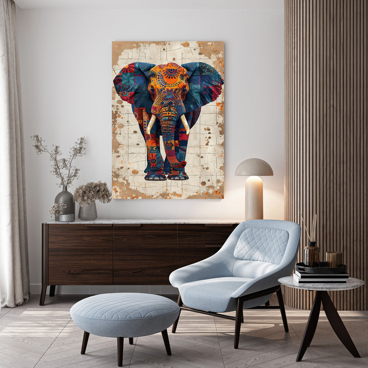 Wadi Home bohemian elephant wall art with colorful intricate patterns on a textured background.