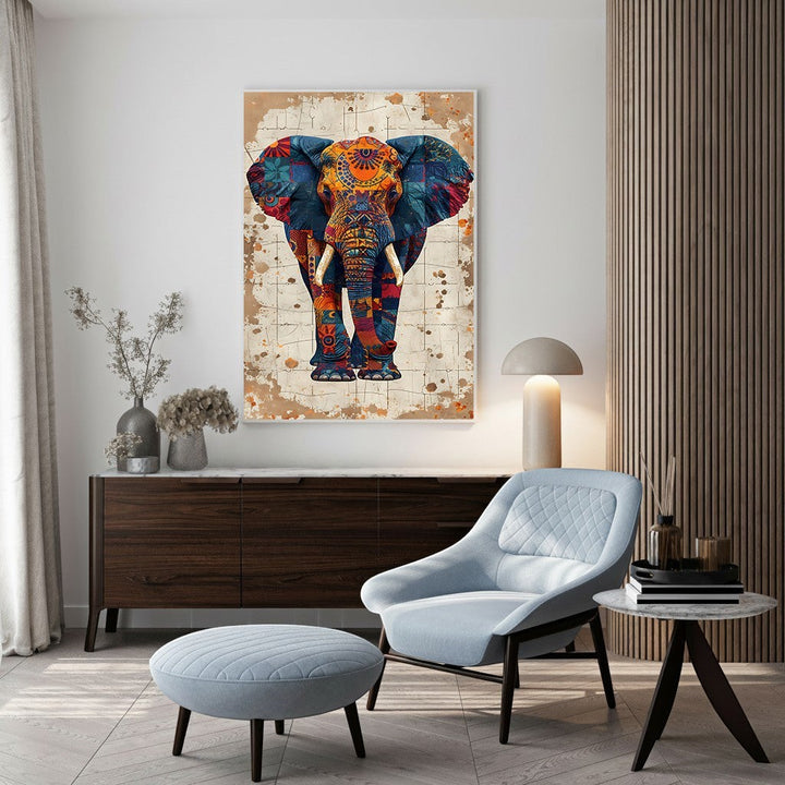 Wadi Home bohemian elephant wall art with colorful intricate patterns on a textured background.